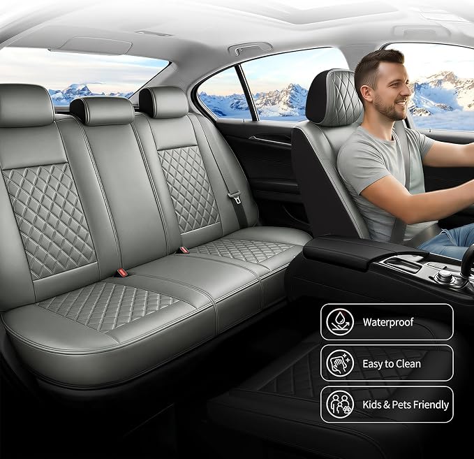 Car Seat Covers Compatible with Hyundai Elantra 2017-2025 2026 - Full Set 5 Seats Luxury Leather All-Weather Seat Cushions & Protectors, Waterproof & Breathable, Airbag Compatible (Gray)