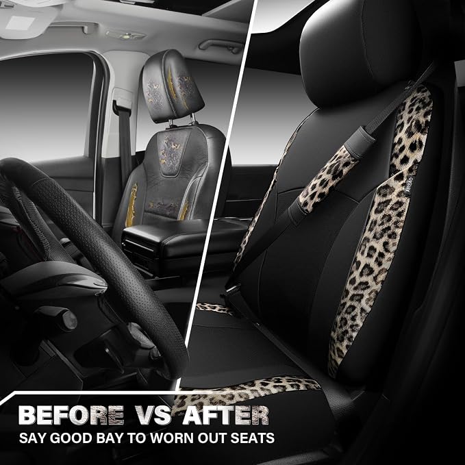 CAR PASS Leopard Print Faux Leather Car Seat Covers & Leopard Car Mats&Leopard Steering Wheel Cover Seat Belt Universal Car Accessories for SUV,Van,Saden,Truck Automobile Interior Sets(Gold Black)