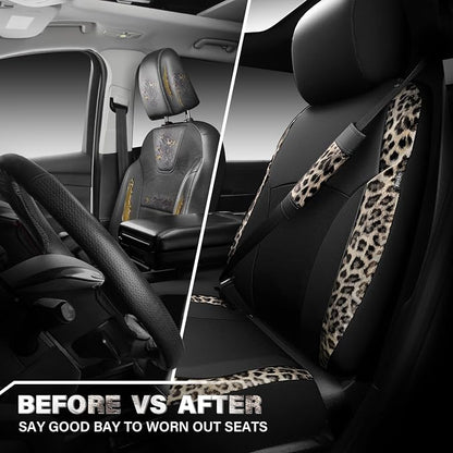 CAR PASS Leopard Print Faux Leather Car Seat Covers & Leopard Car Mats&Leopard Steering Wheel Cover Seat Belt Universal Car Accessories for SUV,Van,Saden,Truck Automobile Interior Sets(Gold Black)