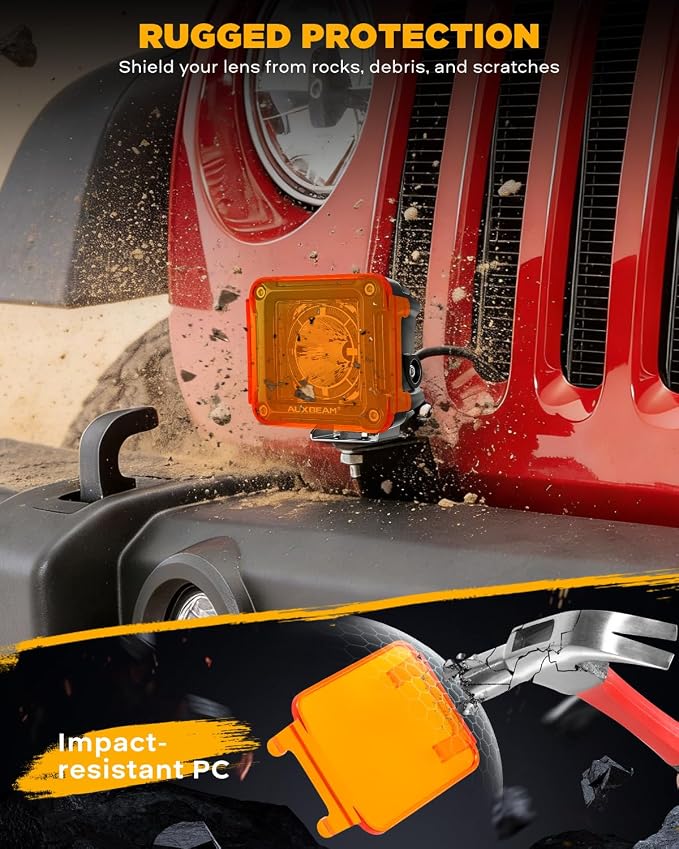 Auxbeam FA Series 3 Inch Deep Amber Light Covers 2300K Dark Amber Tone Cube Offroad Lights Lens Cap Smoked Tint for Fog Dust Rain Snow, 2 Packs