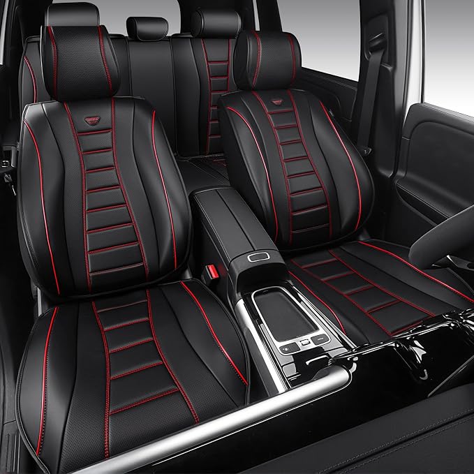 CAR PASS Nappa Leather Seat Covers, Universal FIT Piping Leather Car Seat Covers Full Set for Cars,SUV,Truck 3D Foam Waterproof Luxury Seat Covers 5 Seats, Comfort Durable Airbag Compatible Black Red