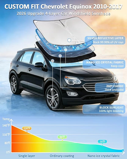 for Chevrolet Equinox 2010-2017 Windshield Sun Shade - 4 Layers Car Sunshades for Front Windows Shade Cover Custom Fit Equinox Sun Visor 250T Retractable Shade Blocks UV Rays Car Accessories