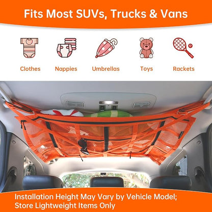 Extra Large Car Ceiling Cargo Net 39.3" x 23.6" for SUV,Truck & Van,Double Layer Roof Storage Organizer with Adhesive Straps,Overhead Mesh Holder for 4 Handle Vehicles,Camping Travel,Orange
