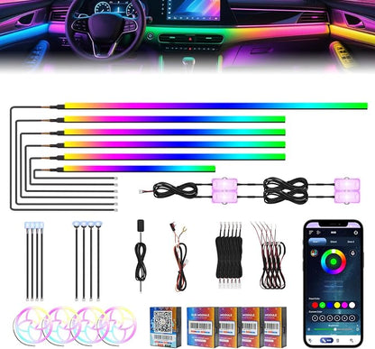 2026 Upgraded Car Ambient Lighting Kits Dreamcolor Acrylic Interior Car LED Strip Light with Wireless APP, RGB 22 in 1 Dynamic Chasing Music Sync LEDs Fiber Optic Strip Lights