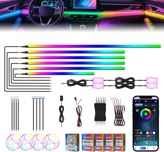 2026 Upgraded Car Ambient Lighting Kits Dreamcolor Acrylic Interior Car LED Strip Light with Wireless APP, RGB 22 in 1 Dynamic Chasing Music Sync LEDs Fiber Optic Strip Lights