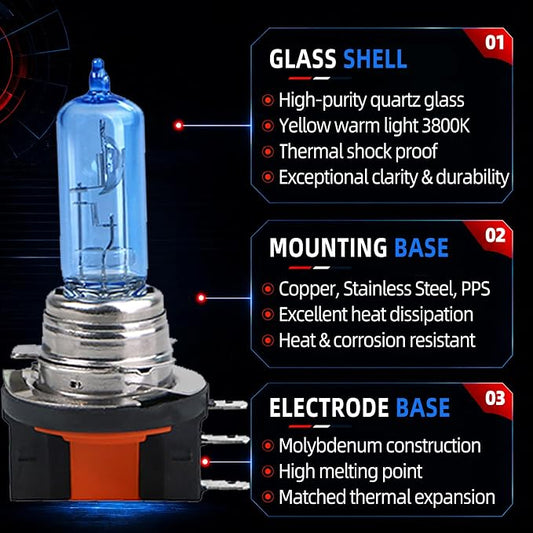 Sinoparcel H15 Halogen High Beam Headlight Bulb 3800K, 150% More Brightness Replacement for PGJ23T1 Standard 55W Bulb, Pack of 2