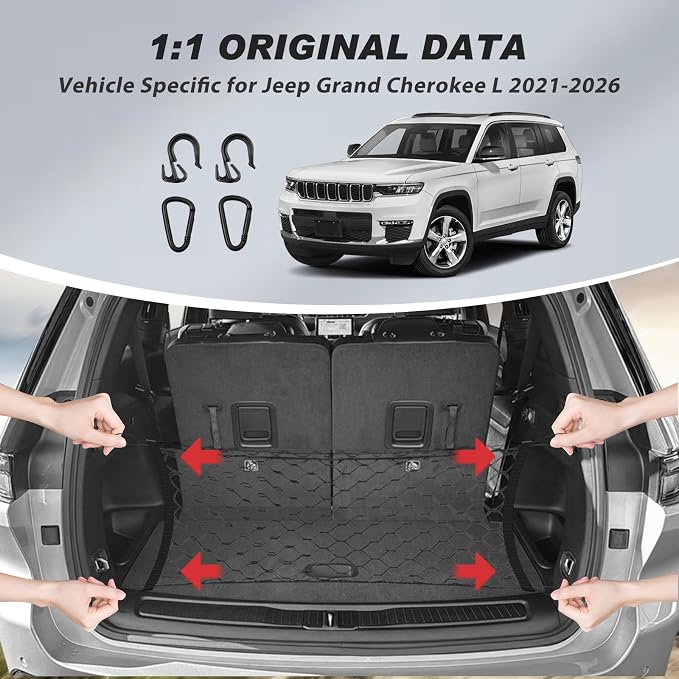 Karltys Cargo Net for Jeep Grand Cherokee L 2021-2026 Trunk Net | Envelope Style Elastic Mesh Net | Heavy Duty Metal Hooks | Jeep Grand Cherokee L Accessories