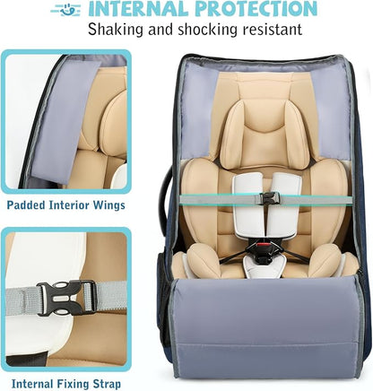 RAINSMORE Car Seat Travel Bag for Airplane Padded Carseat Backpack Heavy-duty Car Seat Cover for Air Travel Infant Car Seat Carrier Bag with Shoulder & Waist Strap, Fits Most Car Seat & Booster Seats