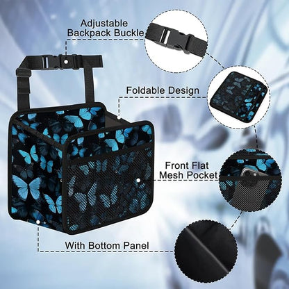 Car Backseat Organizer, PU Leather Back of Seat Cars Hanging Organizer with Pockets Leakproof Car Garbage Bag Hanging Cars Seat Storage Box Travel Accessories Foldable (Blue Butterfly)