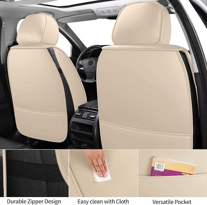 Car Seat Covers Full Set,Universal Precision Fit 3D Contoured Automotive Nappa Leather Seat Covers for SUV Truck Sedan,Anti-Slip Seat Cover with Lumbar Support Style2 Light Beige