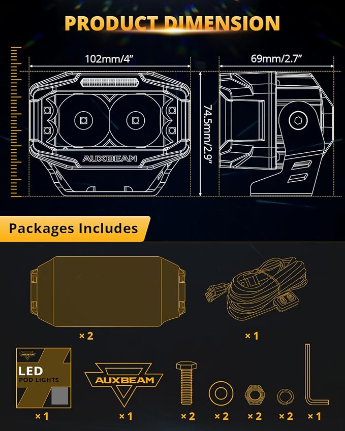 Auxbeam V-MAX Series LED Light Pod, 270° Side Shooter LED Offroad Lights with Amber DRL, 4 Inch Auxiliary Ditch Light for Truck ATV Jeep Ford