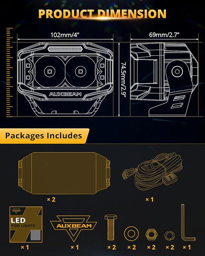 Auxbeam V-MAX Series LED Light Pod, 270° Side Shooter LED Offroad Lights with Amber DRL, 4 Inch Auxiliary Ditch Light for Truck ATV Jeep Ford