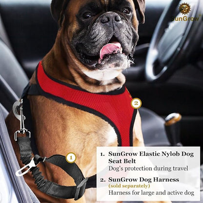 SunGrow Elastic Nylon Dog Seat Belt, 24” - 36”, Adjustable Black Harness, Elastic Tether with Metal Buckles, 2 Pcs per Pack