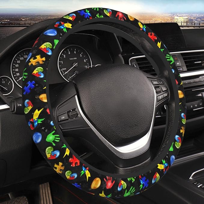 Autism Awareness Steering Wheel Cover Anti-Slip,Sweat Absorption Universal 15 inch Steering Wheel Covers Cute car Accessories for Men Women
