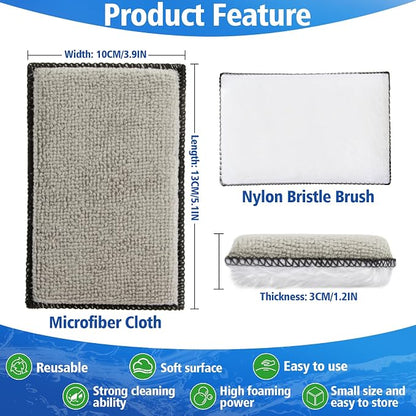 MAQIHAN Microfiber Pad - 4PCS Microfiber Pads Detailing Sponge Two Sides of Fiber Cloth and Nylon Bristle Brush Car Interior Detailing Kit for Leather Sofa Shoes and Bags Car Wash Kit