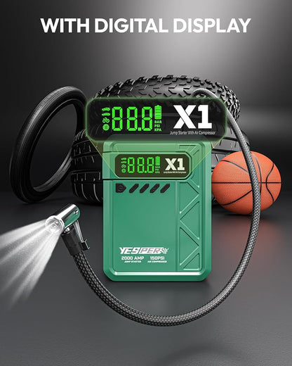 YESPER Jump Starter with Air Compressor 2000A 150PSI Battery Jumper Starter Portable(8L Gas/6L Diesel), 12V Car Jump Pack Battery Charger Jump Box with Jumper Cables, LCD Display, Lights