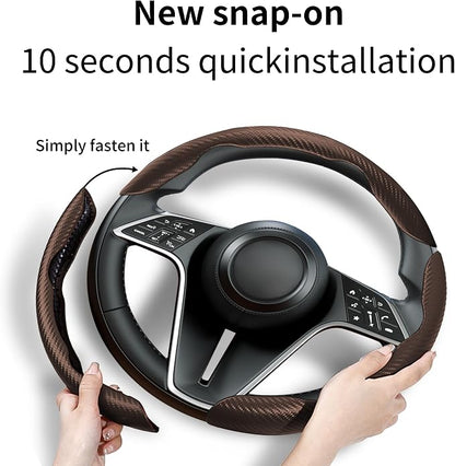 Carbon Fiber Steering Wheel Cover, 3-Piece Set Anti-Skid Comfortable Grip Segmented Butterfly Design, Easy Snap-On Installation Universal Fit 99% Cars, Brown