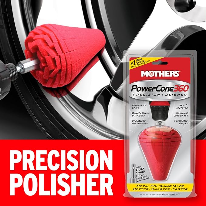 Mothers PowerCone 360, Polishing Tool with Quick Swap Bit — Patented Spherical Cone for Deep, Safe Metal Polishing in Hard-to-Reach Areas — Ideal for Wheels & Curved Surfaces (05146)