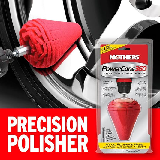 Mothers PowerCone 360, Polishing Tool with Quick Swap Bit — Patented Spherical Cone for Deep, Safe Metal Polishing in Hard-to-Reach Areas — Ideal for Wheels & Curved Surfaces (05146)