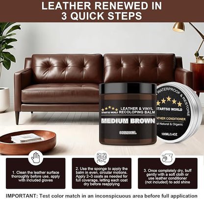 STARTSO WORLD 200Ml Leather Recoloring Balm with 100ML Leather Conditioner, Medium Brown Leather Repair Kit for Furniture, Leather Dye, Leather Scratch Repair, Leather Couch Paint