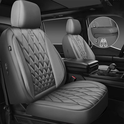 CAR PASS Piping Luxury PU Leather Two Front Car Seat Covers, Waterproof Anti Slip Seat Covers Compatible with Front Seat Armrests,Universal Fit for Suvs,Vans,Trucks,Airbag Compatible(All Gray)
