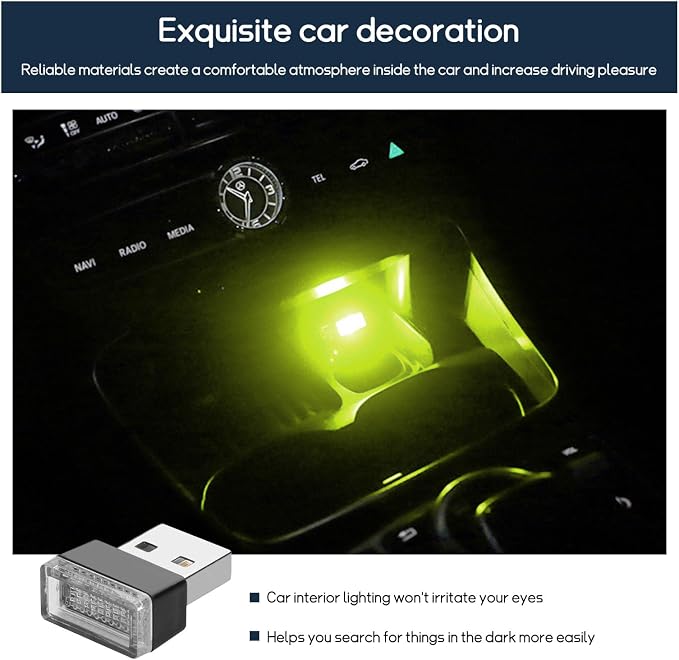 Dickno 4 PCS USB LED Car Interior Atmosphere Lamp, Portable Mini LED Night Light, Plug-in USB Interface Trunk Ambient Lighting Kit, Universal Vehicle Interior Accessories (Yellow)