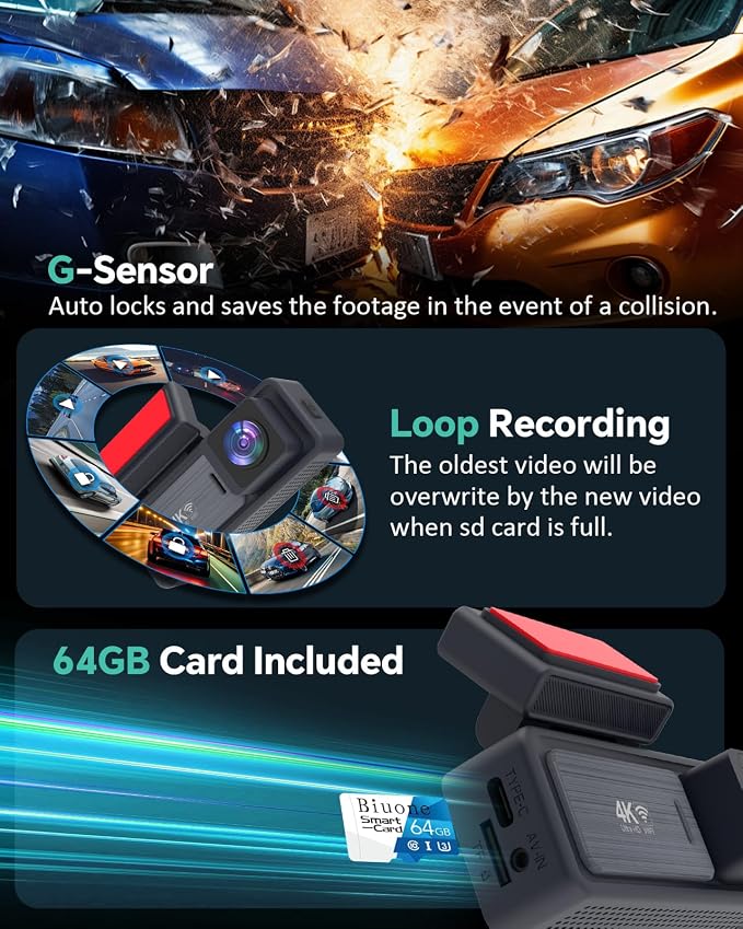 4K Dash Cam, 4K+2K Dash Cam Front and Rear W/ 5GHz WiFi & APP Control 64GB Included, 3.2" IPS Screen Car Dash Cam W/ 24H Parking Monitor, G-Sensor Night Vision, Loop Recording