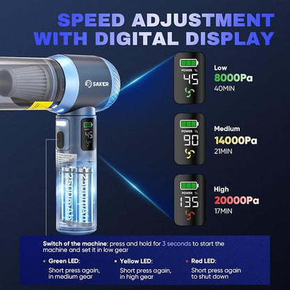 Saker Car Vacuum Portable Cordless 20000Pa Suction Power 4 in 1 Handheld Vacuum with LED Light Type-C Portable Mini Vacuums for Gifts Car, Home, Office, Pet HL157 Blue