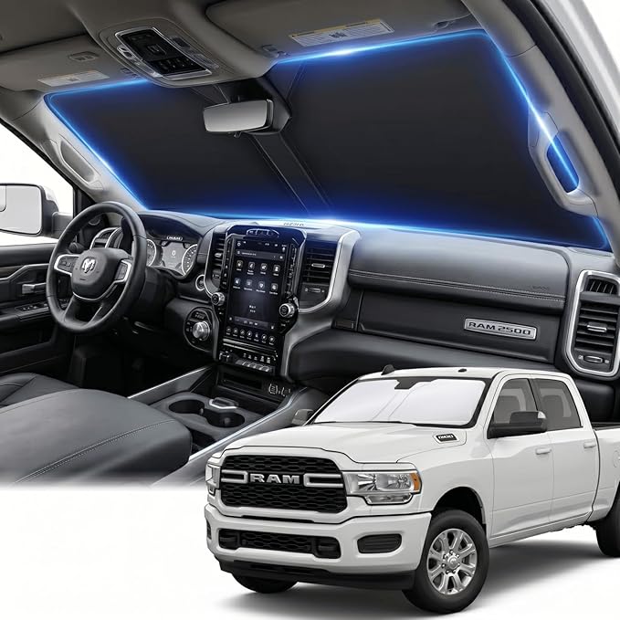 Windshield Sun Shade for Dodge RAM 2500 3500 Truck Accessories 2010-2025 2026 - Foldable Sunshade Sun Visor Protector Front Window Cover Custom Fit RAM 2Dr RegularCab, 4Dr QuadCab, CrewCab, MegaCab