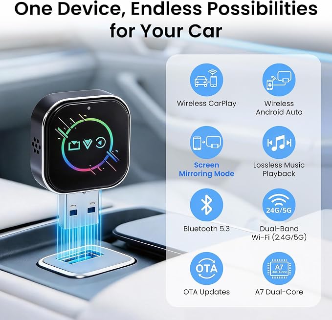 ELECROW Wireless CarPlay Adapter for iPhone＆Android - 3 in 1 Dual Band WiFi 2.4G/5G & Bluetooth 5.3 Airplay Mirror Link CarPlay Dongle with USB-A/Type-C Port, Plug & Play, OTA Update