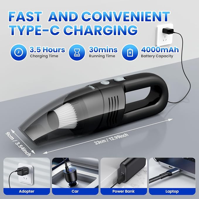 Handheld Vacuum Cordless Car Vacuum Cleaner 11000PA High Power Portable 1.4lbs Lightweight Rechargeable with 2 Filter Multi-Nozzles for Home Office Dust