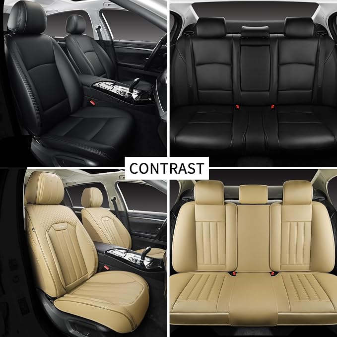 Beige Leather Seat Covers, 5 Seats Universal Car Seat Covers Full Set, Waterproof Automotive Seat Covers Breathable Front and Rear Seat Covers for Most Sedans SUVs Trucks