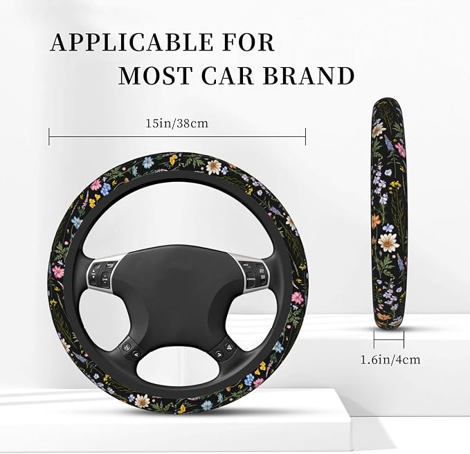 Cute Wildflower Steering Wheel Cover for Women, Universal Auto Steering Wheel 14-15 Inch Car Interior Accessories with 2PCS Car Coasters, Suitable for Men and Women