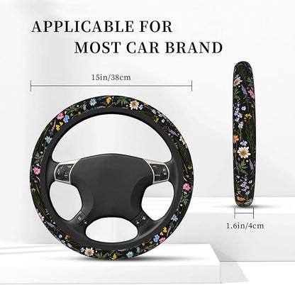 Cute Wildflower Steering Wheel Cover for Women, Universal Auto Steering Wheel 14-15 Inch Car Interior Accessories with 2PCS Car Coasters, Suitable for Men and Women