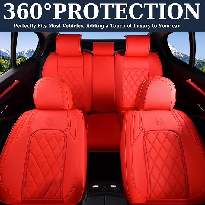 Coverado Car Seat Covers Full Set, 5 Seat Universal Seat Cover for Cars, Luxury Faux Leather Waterproof Seat Cover, Front and Back Car Seat Protector, Auto Seat Covers Fit for Most Vehicles, Red