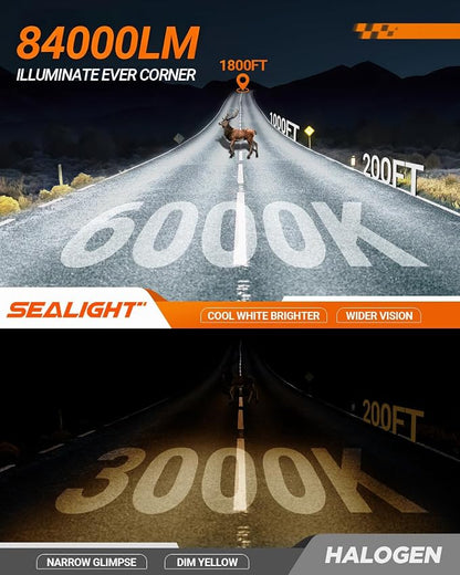 SEALIGHT H13 Led Bulbs 84,000LM 900% Brightness 9008 Light Bulbs, 6000K Cool White H13 Light Bulbs with 25000RPM Fan, Plug and Play ATV/UTV, 10-Year Extended Lifespan IP68 Waterproof, Pack of 2