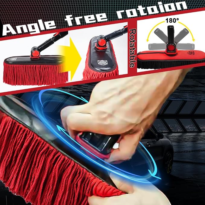 Car Duster Exterior with Extendable Handle, Scratch Free Auto Wash Brush Mop, Interior Detailing Kit for Truck RV Boat - 2in1-2 Heads (Chenille & Wax Cotton) with 1 Pole, Dark Red
