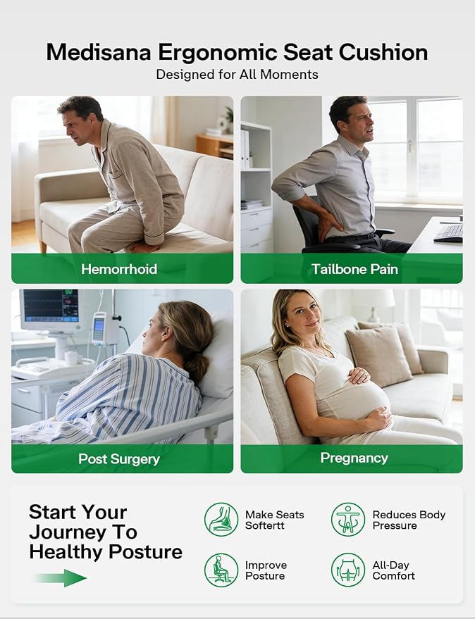 Medisana Memory Foam Bed Sore Cushions for Butt, Ergonomic Bedsore Pressure Relief Pillow with Foldable Design, T Shaped Opening Seat Cushion for Sciatica & Tailbone & Coccyx & Hemorrhoid Pain Relief