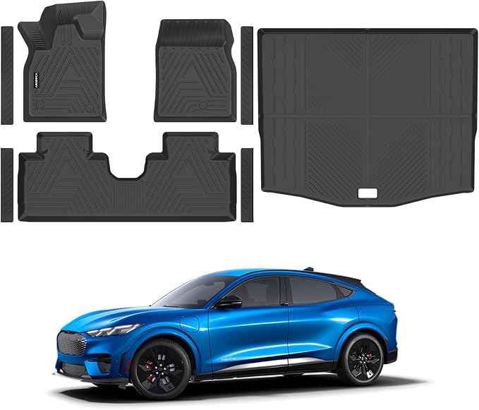 All Weather Floor Mats Cargo Liner for Ford Mustang Mach E 2021-2025 (NOT for Ford Mustang), TPE Rubber Floor Liners Anti-Slip Full Set Mats with Door Sill Protectors for 2025 Mach E Accessories