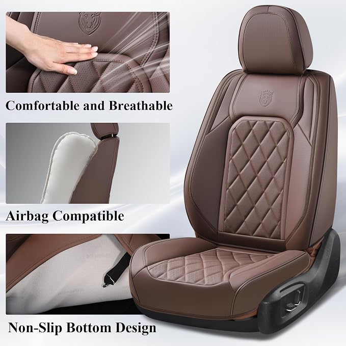 Coverado Car Seat Covers Full Set, Luxury Faux Leather Waterproof Seat Cover, Front and Back Car Seat Protector, Universal 5 Seat Leather Seat Cushion, Carseat Cover Fit Most Cars, Coffee