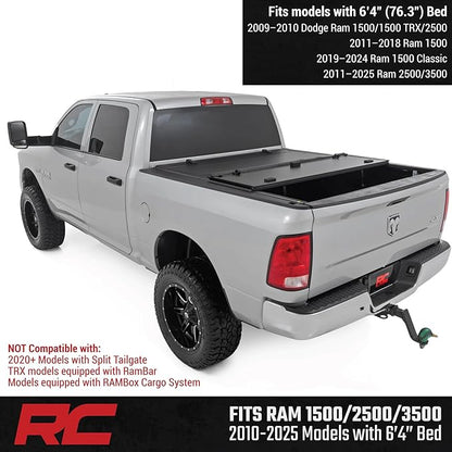 Rough Country Hard Flip Up Truck Bed Tonneau Cover for Dodge Ram 1500 (2009-2018) & 2500 (2010-2025) - Aluminum Tri-Fold Bed Cover, Fits 6'4 (76.3") Bed