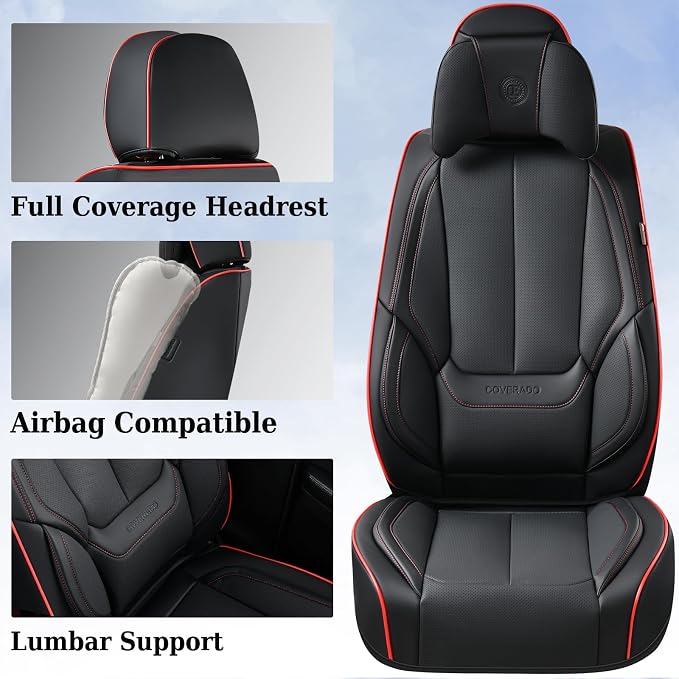 Coverado Universal Seat Covers Front, 2-Pack Universal Seat Covers for Cars, Waterproof Nappa Leather Car Seat Covers with Head Pillow, Auto Protectors Fit for Most Sedans Pick-up Truck-Black&Redline