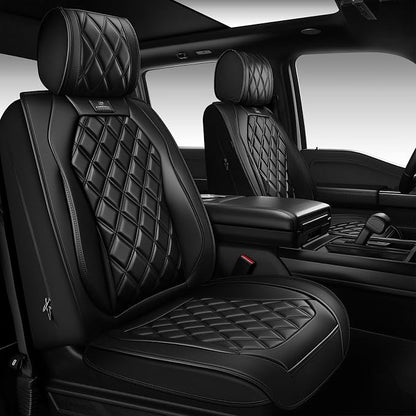 CAR PASS Luxury Nappa Leather Front Seat Covers, Waterproof Lumbar Support Seat Covers, Universal Anti Slip Seat Cushion Fit for Most Sedan SUV Truck Van, Armrest Airbag Compatible Rhomb Pure Black