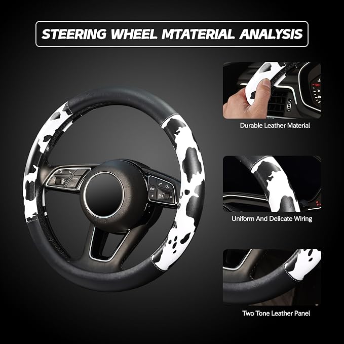 ZHOL Cow Print Steering Wheel Cover, Universal Fit 14.5-15 inch Premium Microfiber Leather Steering Wheel Protector for Cars/Trucks/SUVs, Non-Slip, Heat-Resistant, Easy Install, Black