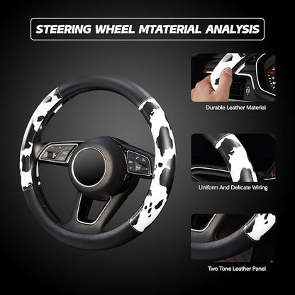 ZHOL Cow Print Steering Wheel Cover, Universal Fit 14.5-15 inch Premium Microfiber Leather Steering Wheel Protector for Cars/Trucks/SUVs, Non-Slip, Heat-Resistant, Easy Install, Black