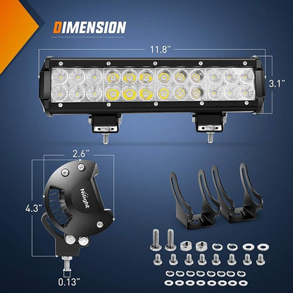 Nilight - ZH084 LED Light Bar 12Inch 72W Spot Flood Combo LED Off Road Lights 12V 5Pin Rocker Switch Wiring Harness Kit- One Lead, 2 Years Warranty