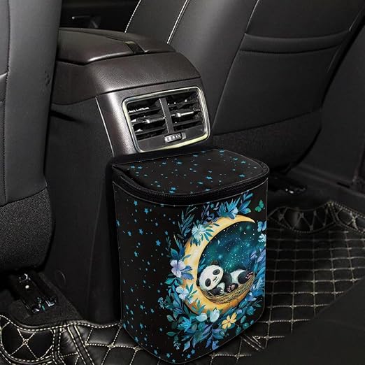 BIGCARJOB Moon Panda Car Trash Bags Hanging Automotive Car Garbage Bin with Adjustable Straps Reusable Auto Trash Bin Garbage Bags for Front Seat Multipurpose