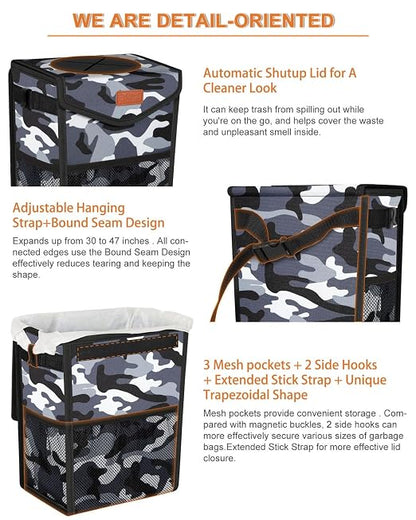 Pritent Car Trash Can with Lid, Cute Leakproof Car Trash Garbage Bag Hanging Vehicle Trash Bin Small Portable Automotive Garbage Cans Organizer for Back/Front Seat/Console(Trapezoid,Camo Grey)