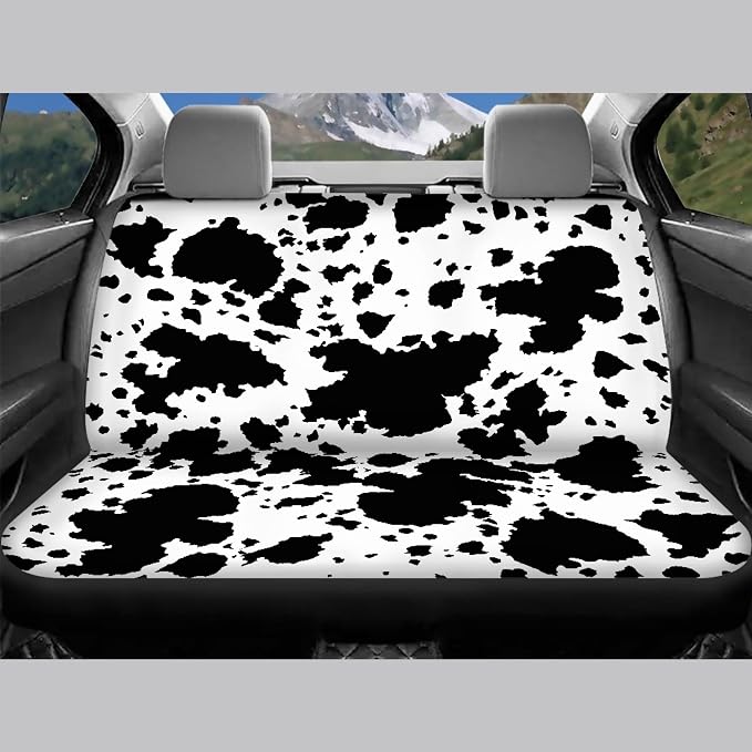 Cow Print Car Seat Covers Full Set,Rustic Spotted Milk Cow Fur Animal Skin Texture Black Cowhide Vehicle Front Rear Bench Cushion Protectors Auto Interior Accessories Universal Fit for Trucks