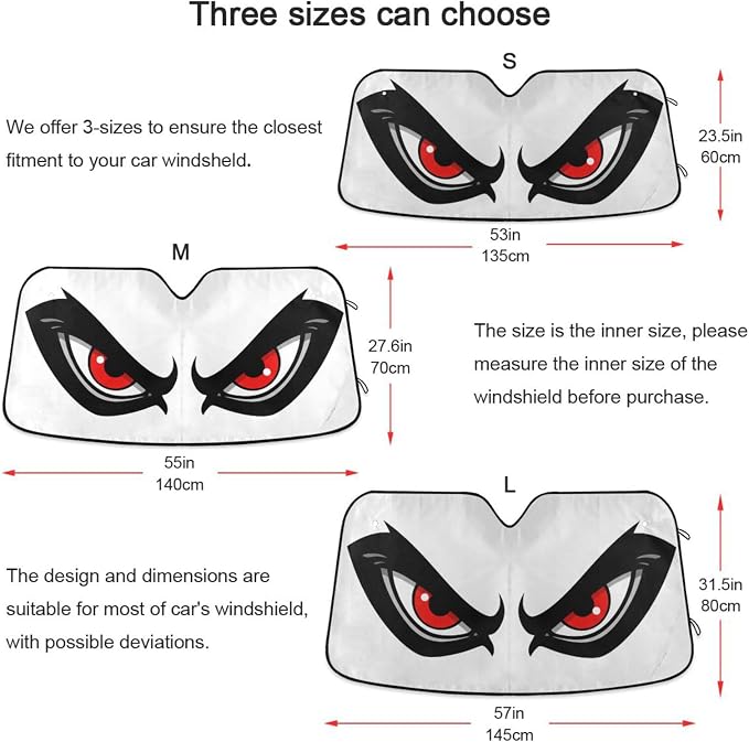 Windshield Sun Shade Cartoon Angry Red Eyes Front Window Block UV Shades Visor Reflective Retractable for Car SUV Trucks